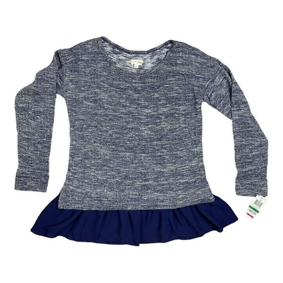 NWT Maison Jules Tops Blue Metallic Knit Ruffled Hem Sweater Women’s Size Large - Picture 1 of 6